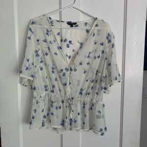 White & Blue Ditsy Floral Top